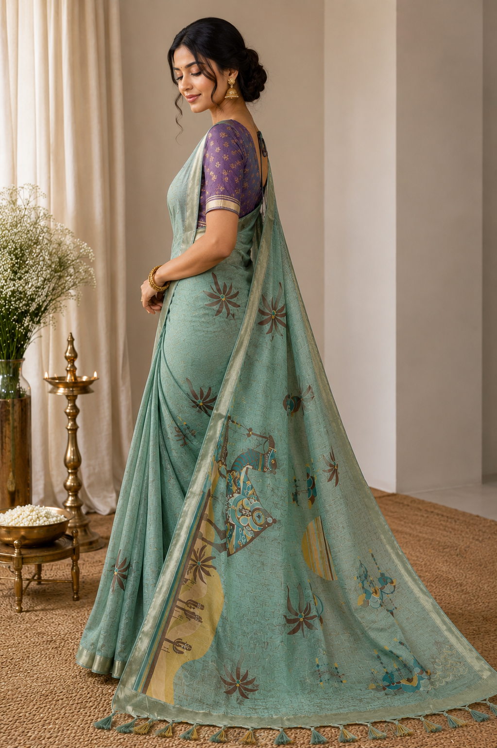 Beach theme Sage green Cotton Saree