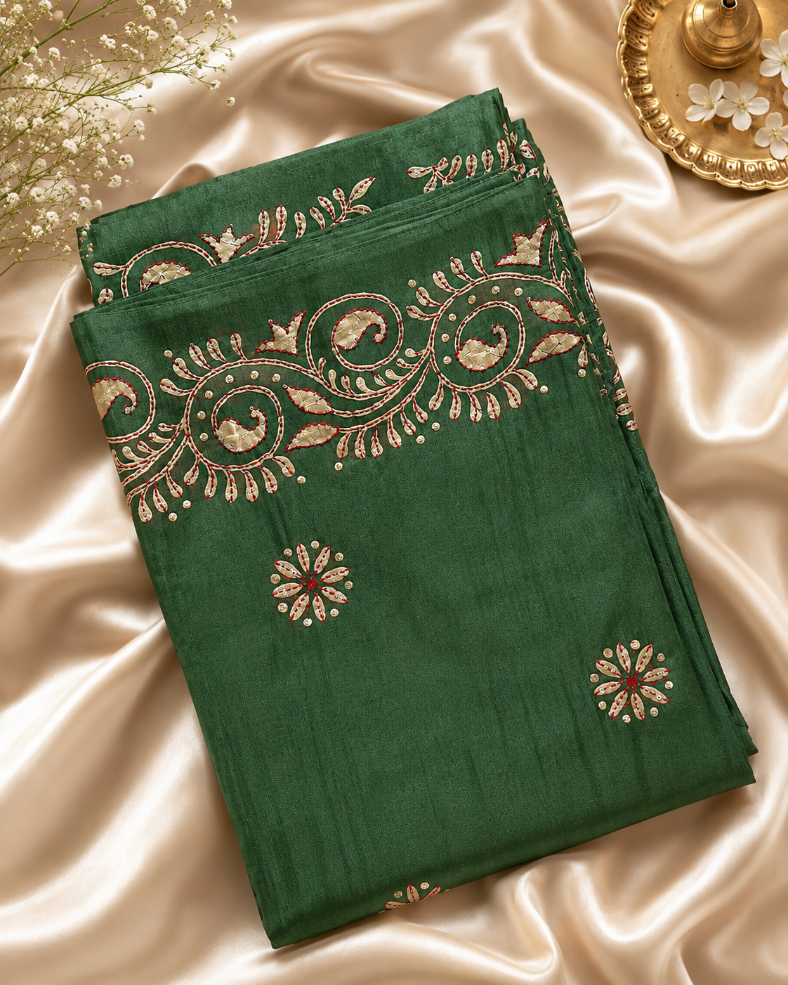 Green Kantha work light sequin saree