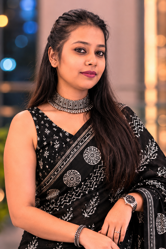 Midnight Noor cotton hand block black Saree with Silver zari border