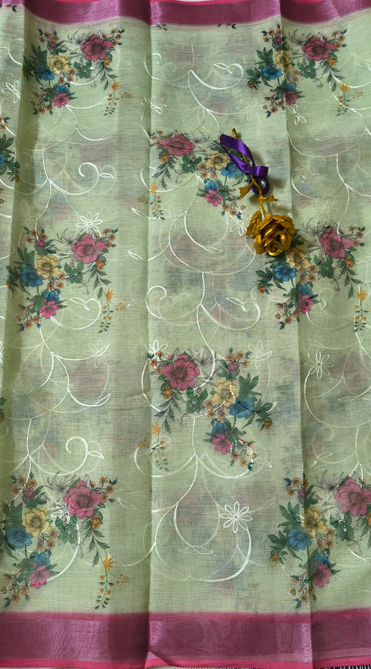 Pista green floral cotton saree