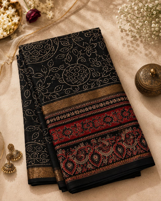 Midnight Heritage Handcrafted Bandhani print cotton Saree