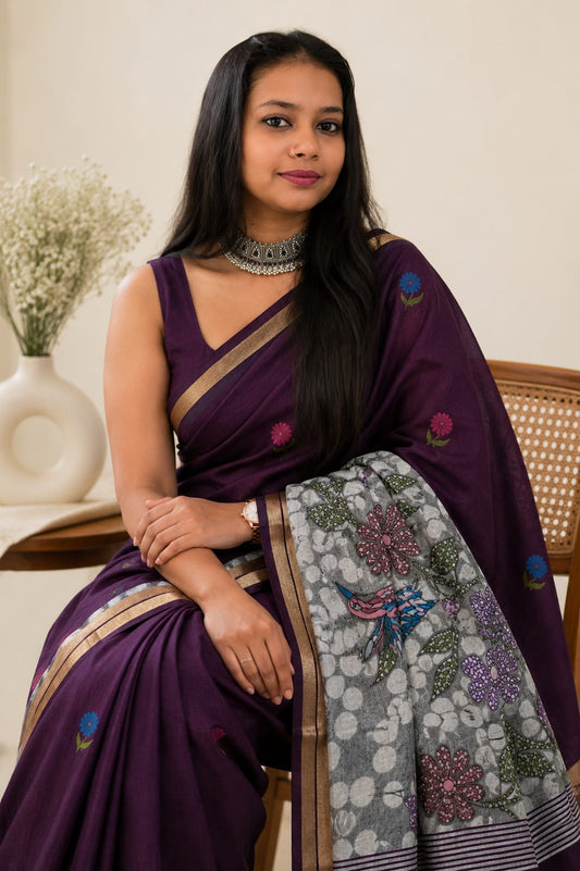 Jamuni cotton floral thread work with gold zari border