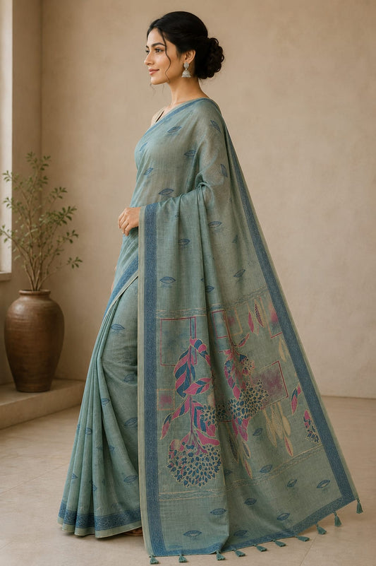 Aqua Sage Floral Cotton Saree
