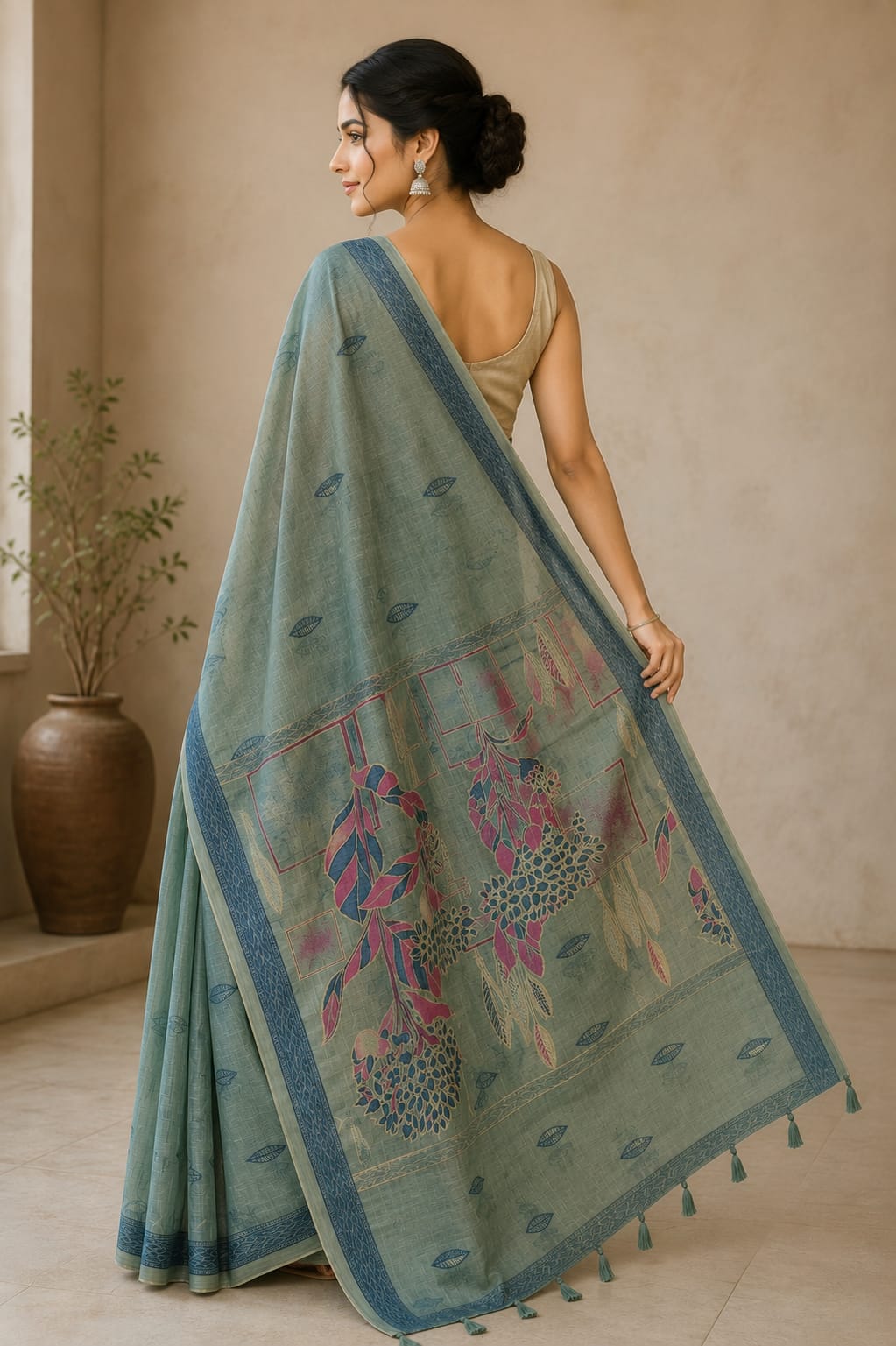 Aqua Sage Floral Cotton Saree