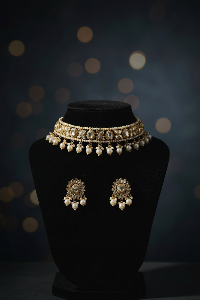 Bollywood Peach Sequins Saree with Kundan Necklace set