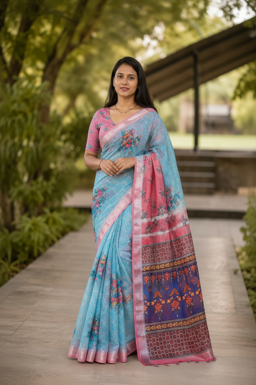 Sky blue floral cotton saree