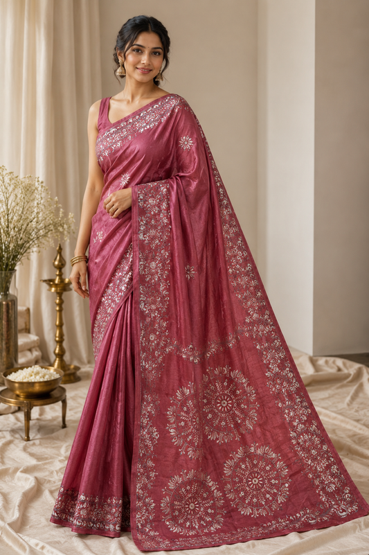 Kantha work light sequin saree