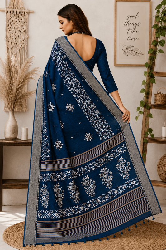 Peacock blue saree with bandhni print zari barder