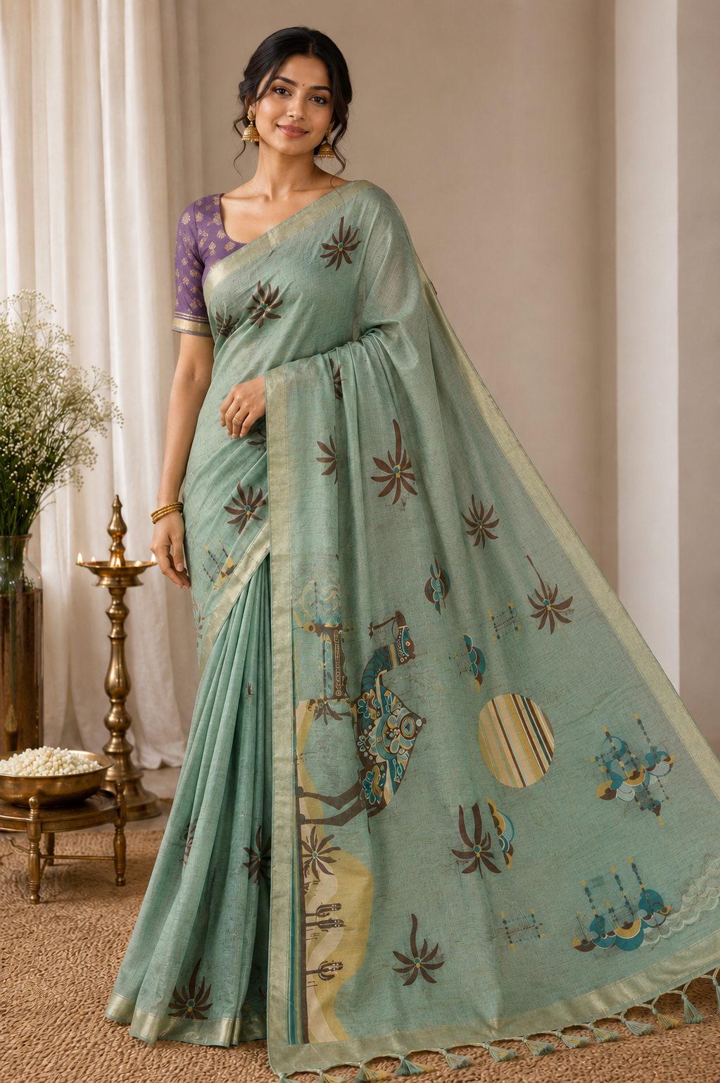 Beach theme Sage green Cotton Saree
