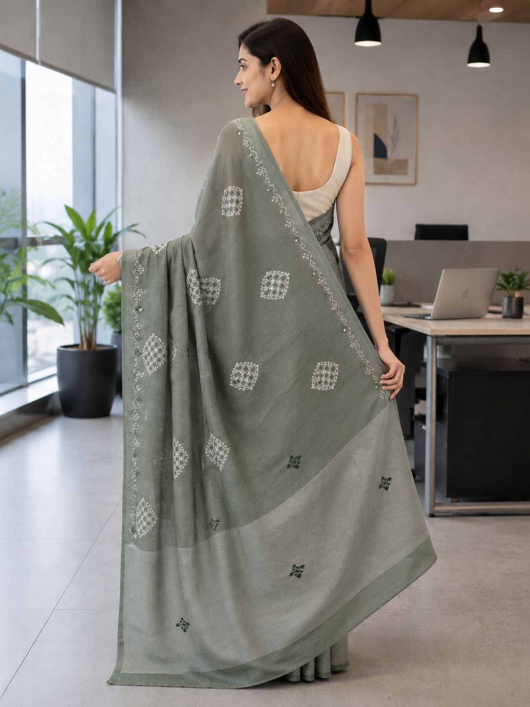 Sage Green Soft Cotton Saree with Elegant Thread Work