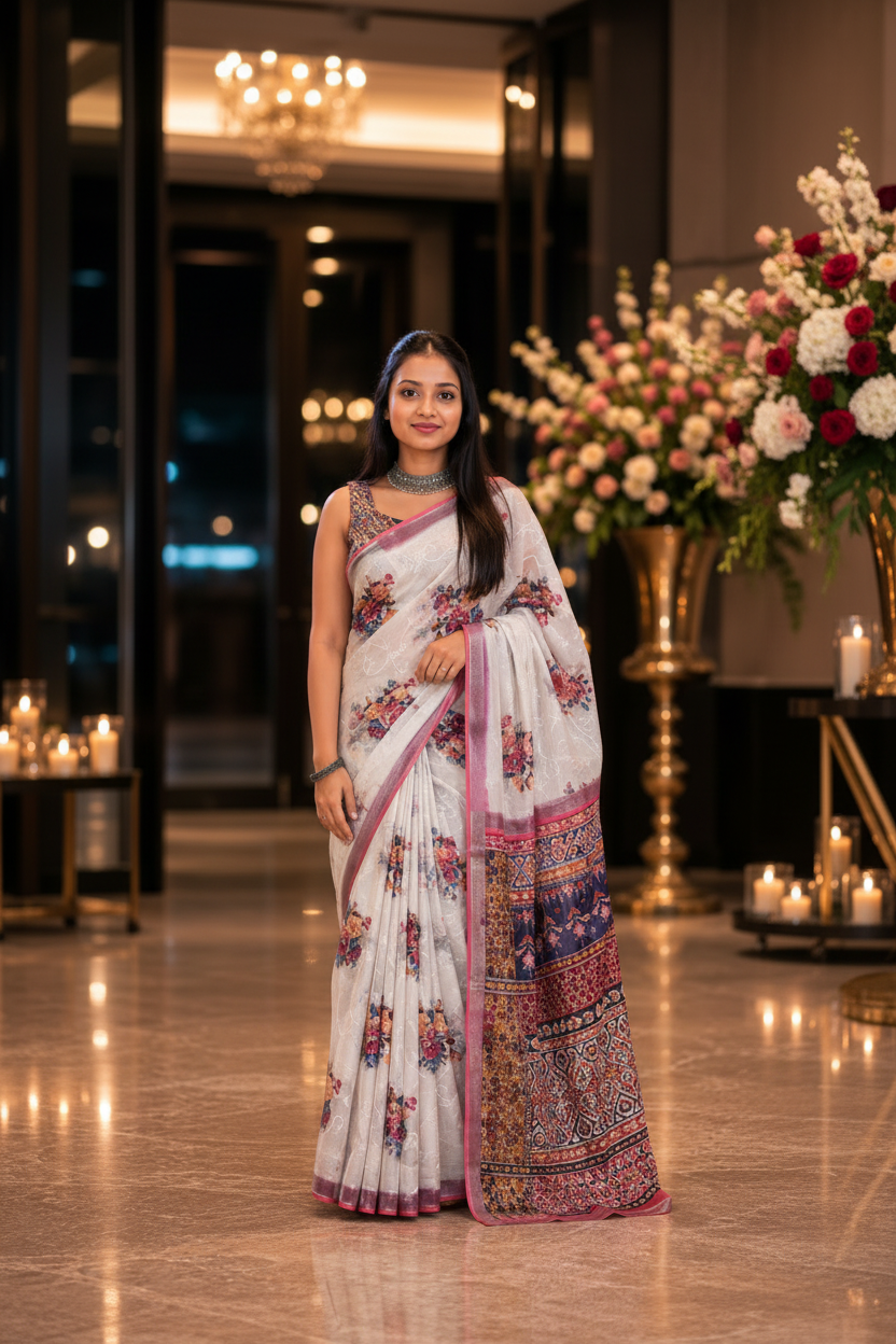 White blossom thread work cotton saree