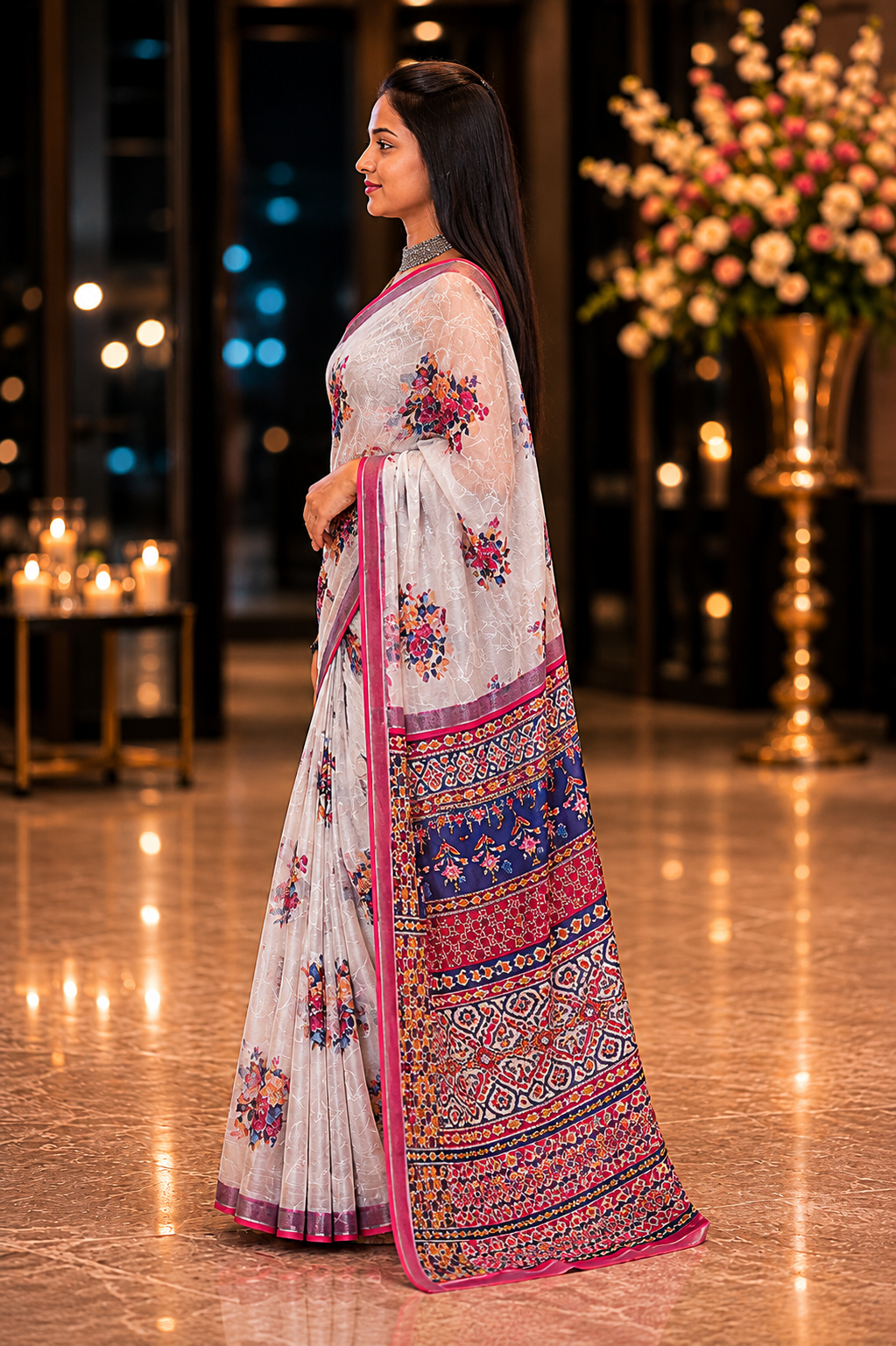 White blossom thread work cotton saree