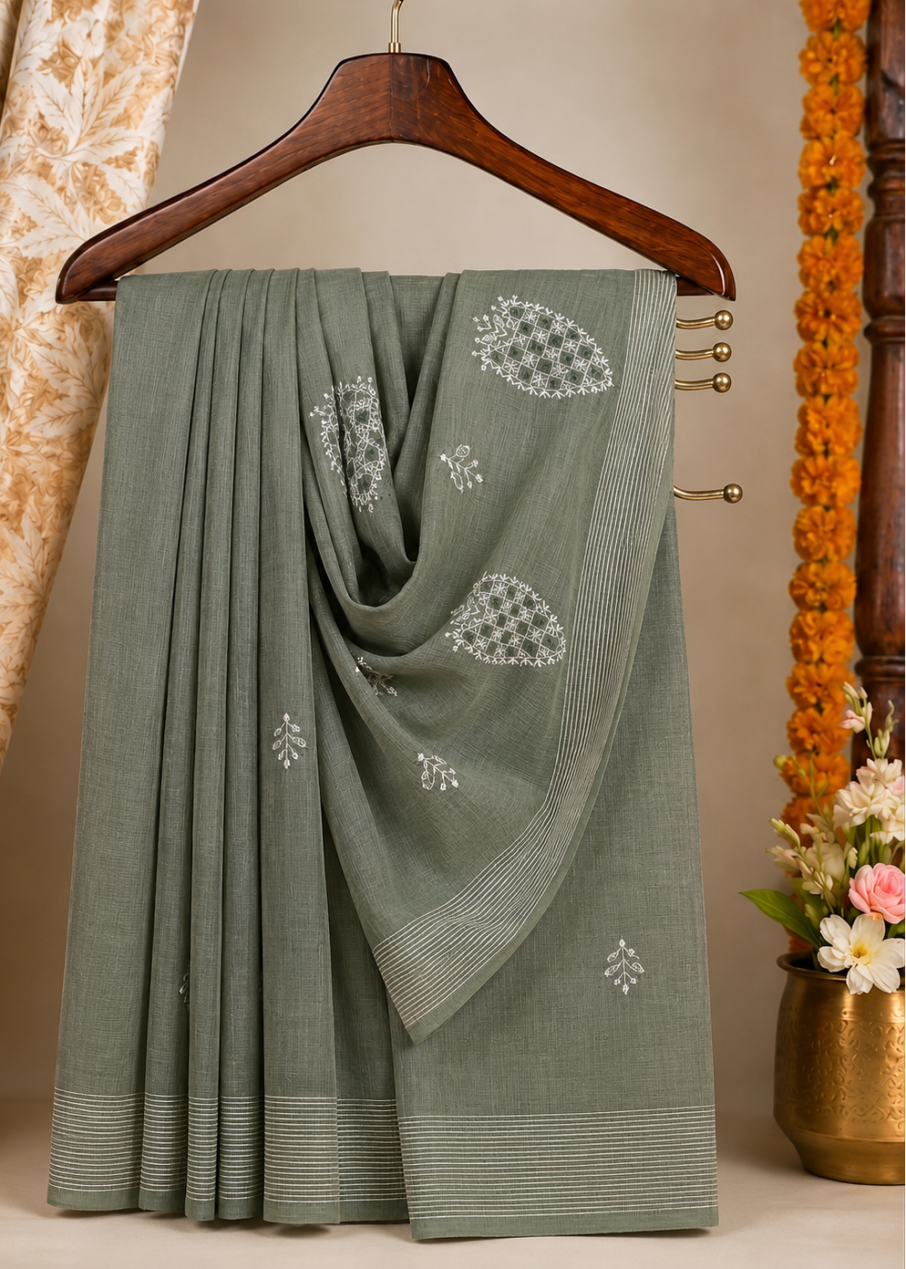 Sage Green Soft Cotton Saree with Elegant Thread Work