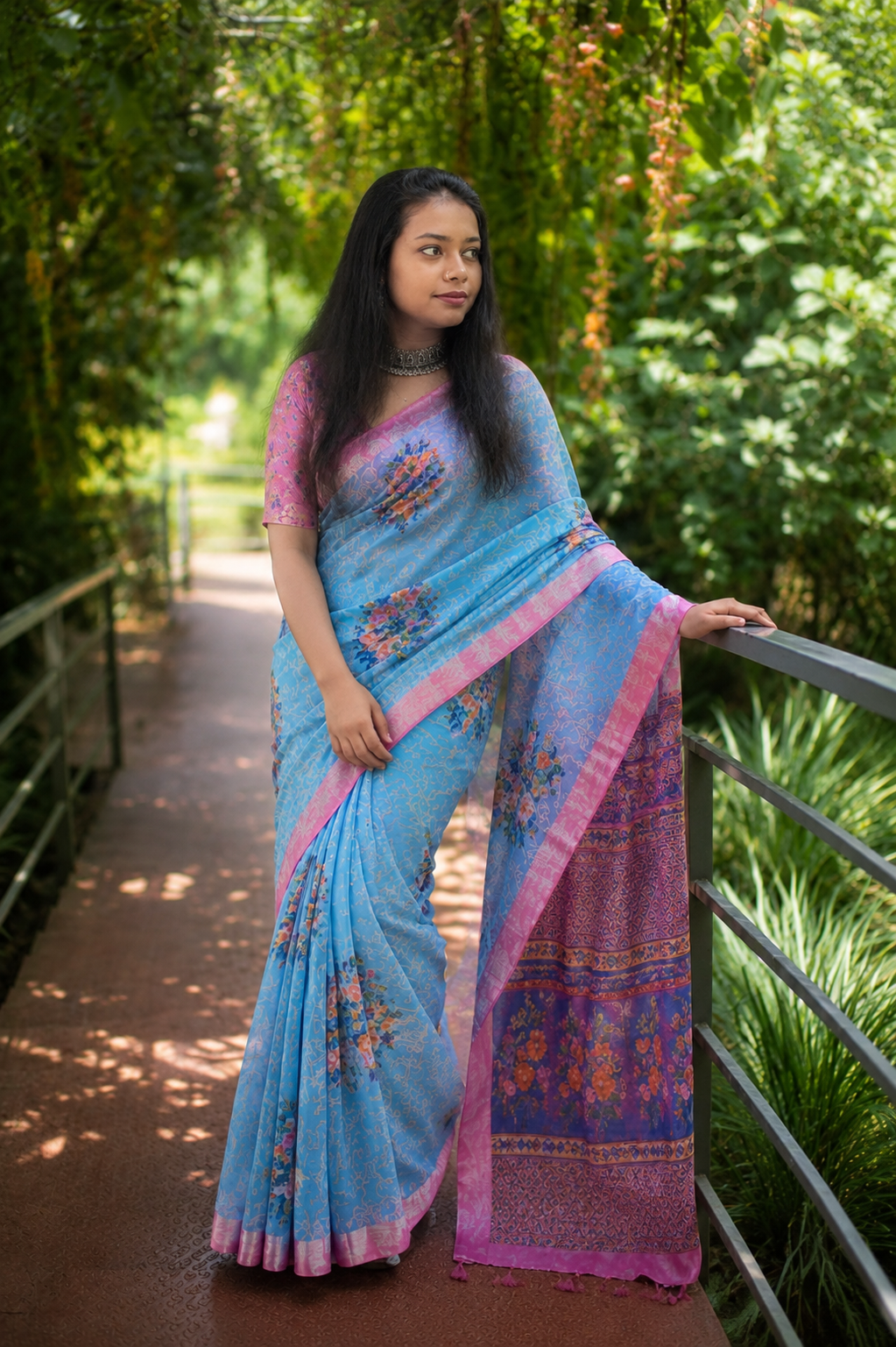 Sky blue floral cotton saree