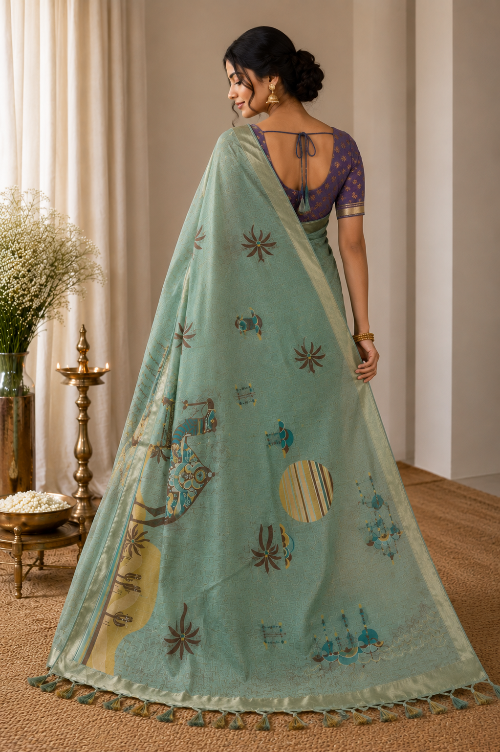 Beach theme Sage green Cotton Saree
