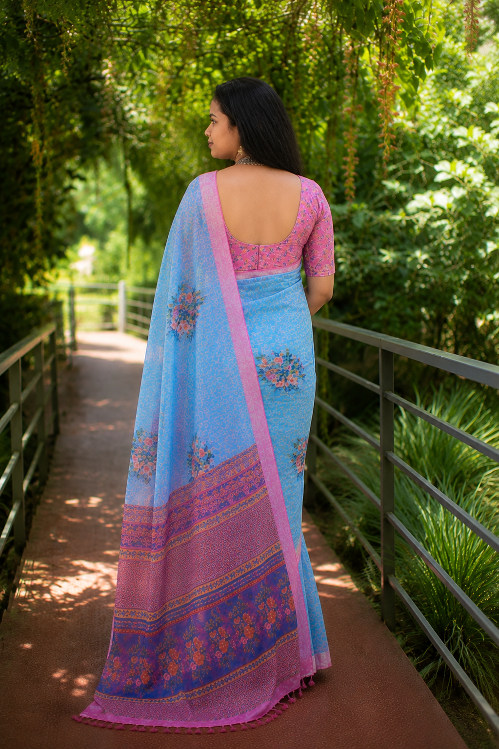 Sky blue floral cotton saree