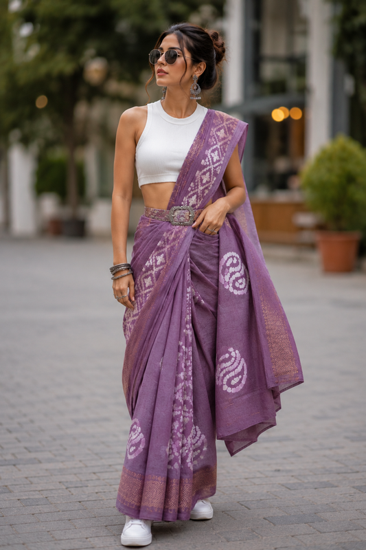 Cotton Crush Tissue lavander saree