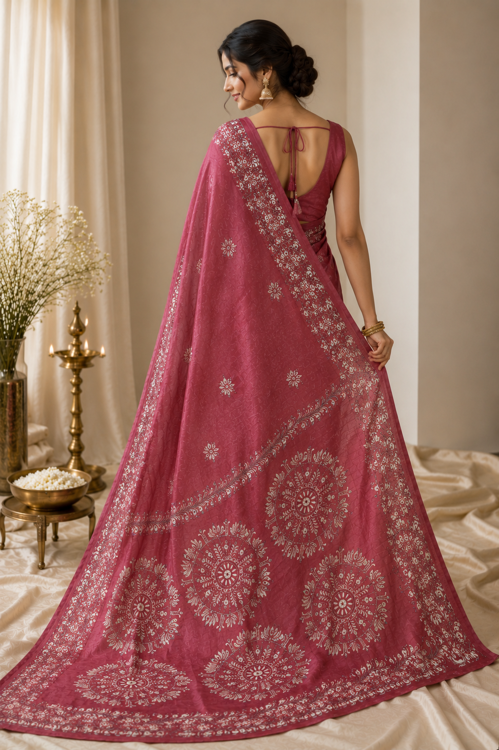Kantha work light sequin saree