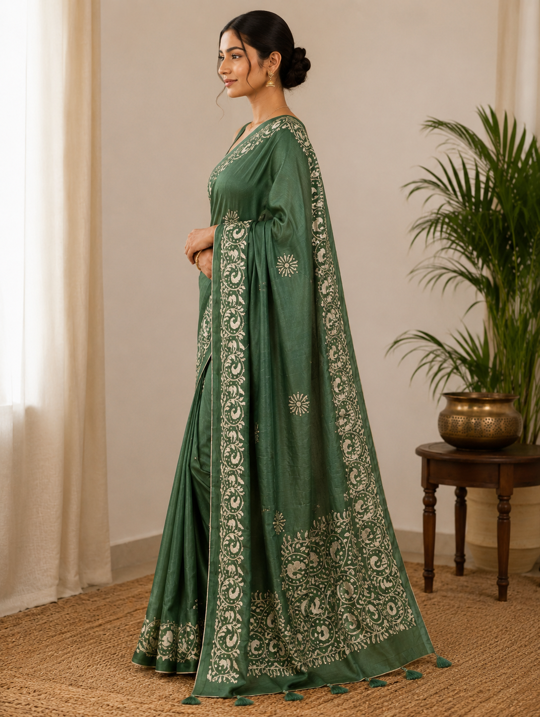 Green Kantha work light sequin saree