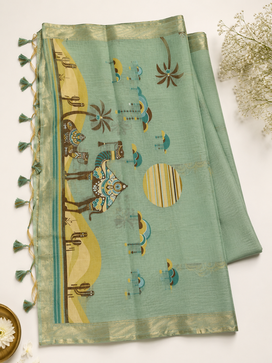 Beach theme Sage green Cotton Saree
