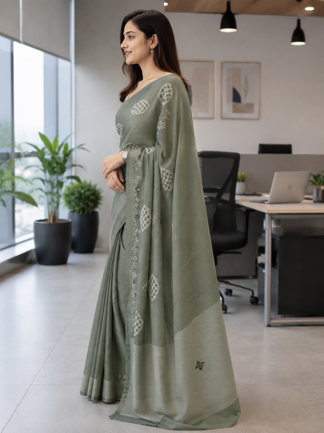 Sage Green Soft Cotton Saree with Elegant Thread Work
