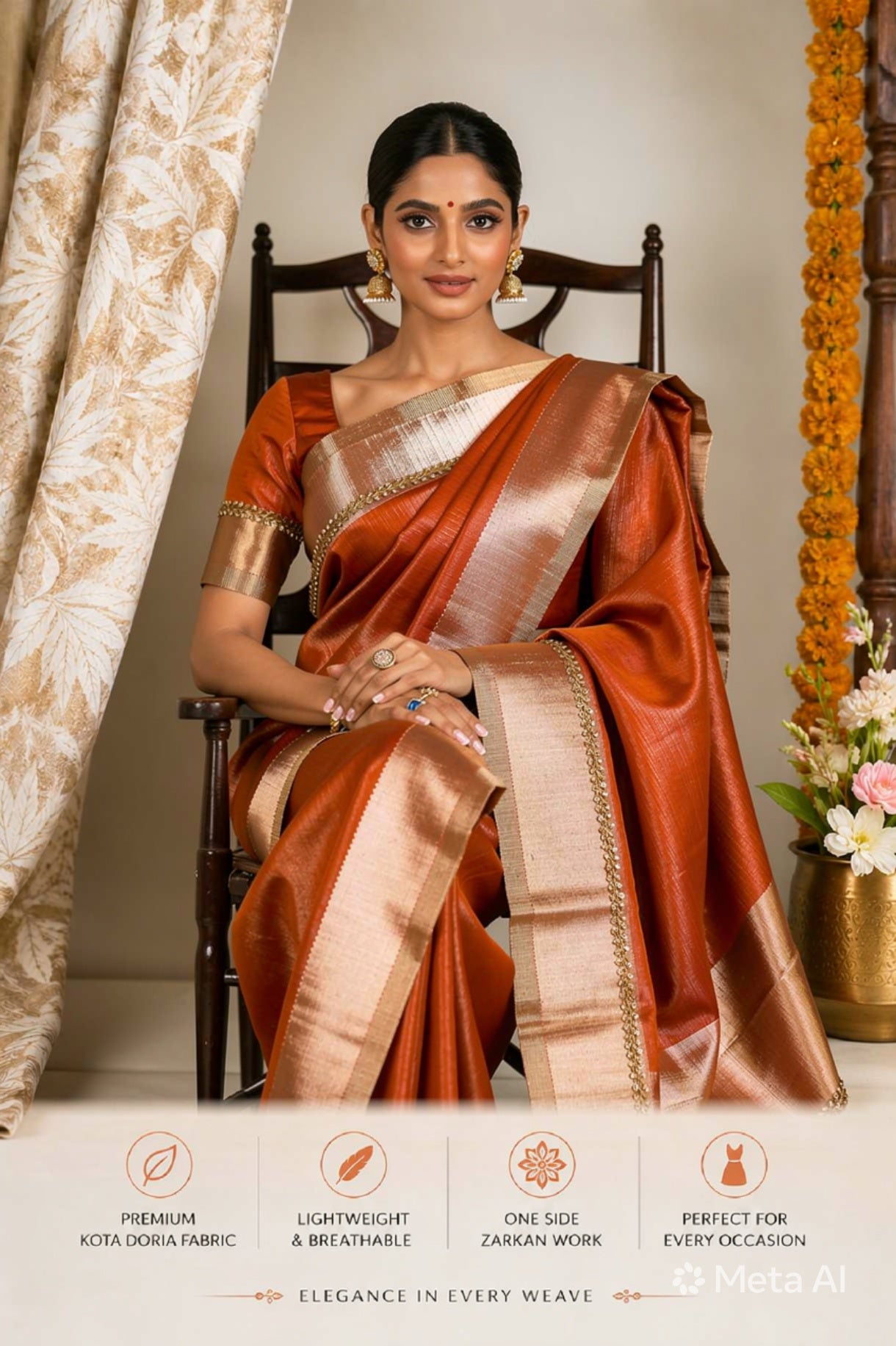 Rusty Orange- Blush Noor Kota Doria Tissue Saree