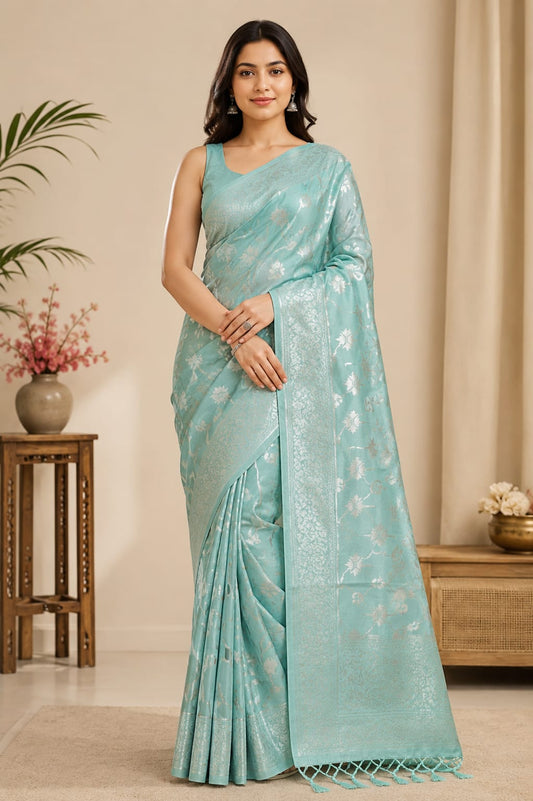 Sky Blue Cotton soft Silk Saree