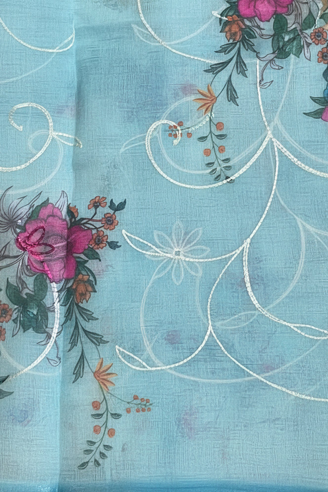 Sky blue floral cotton saree