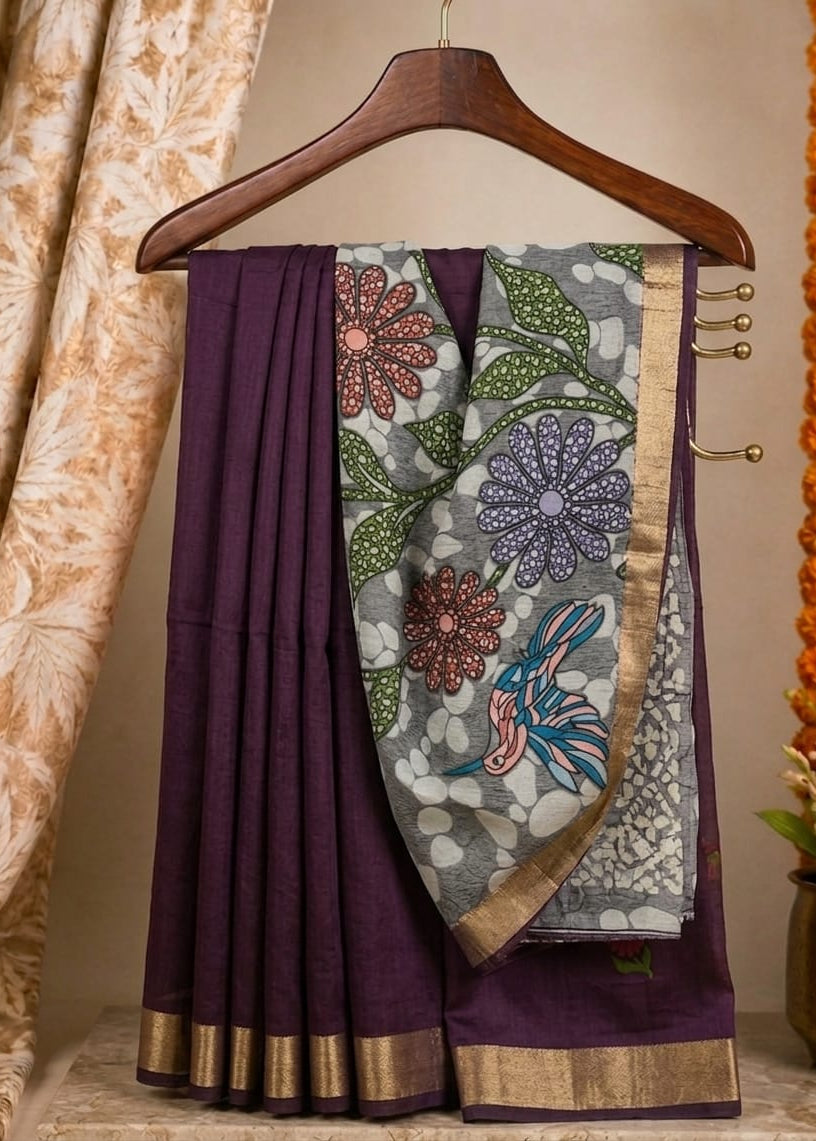Jamuni cotton floral thread work with gold zari border