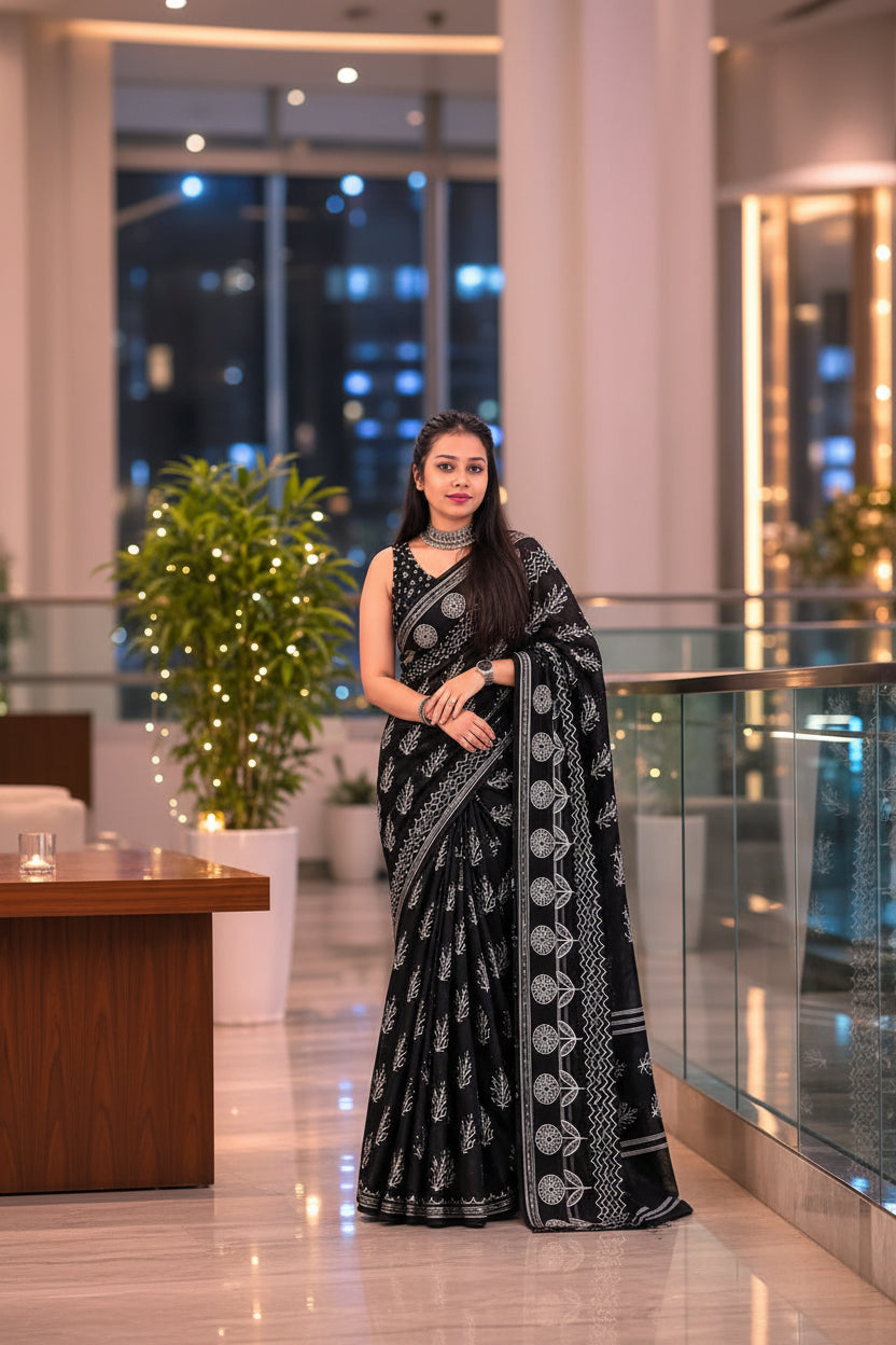 Midnight Noor cotton hand block black Saree with Silver zari border