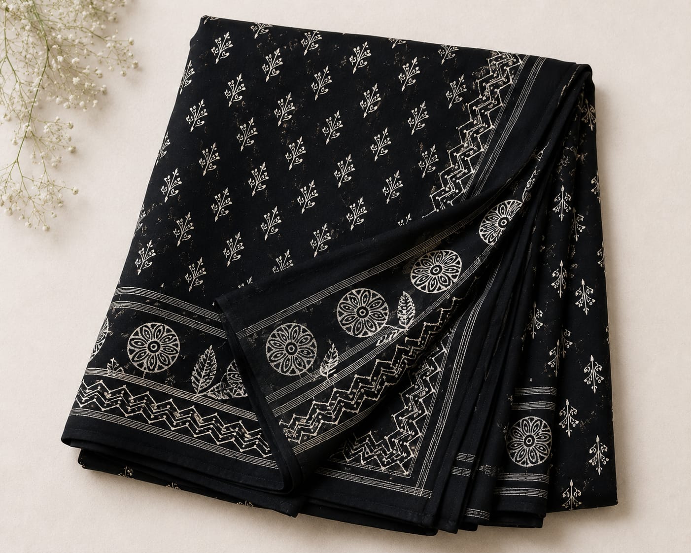 Midnight Noor cotton hand block black Saree with Silver zari border