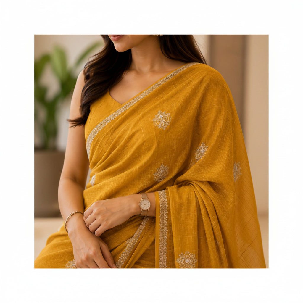 Mustard Yellow Cotton check thread work