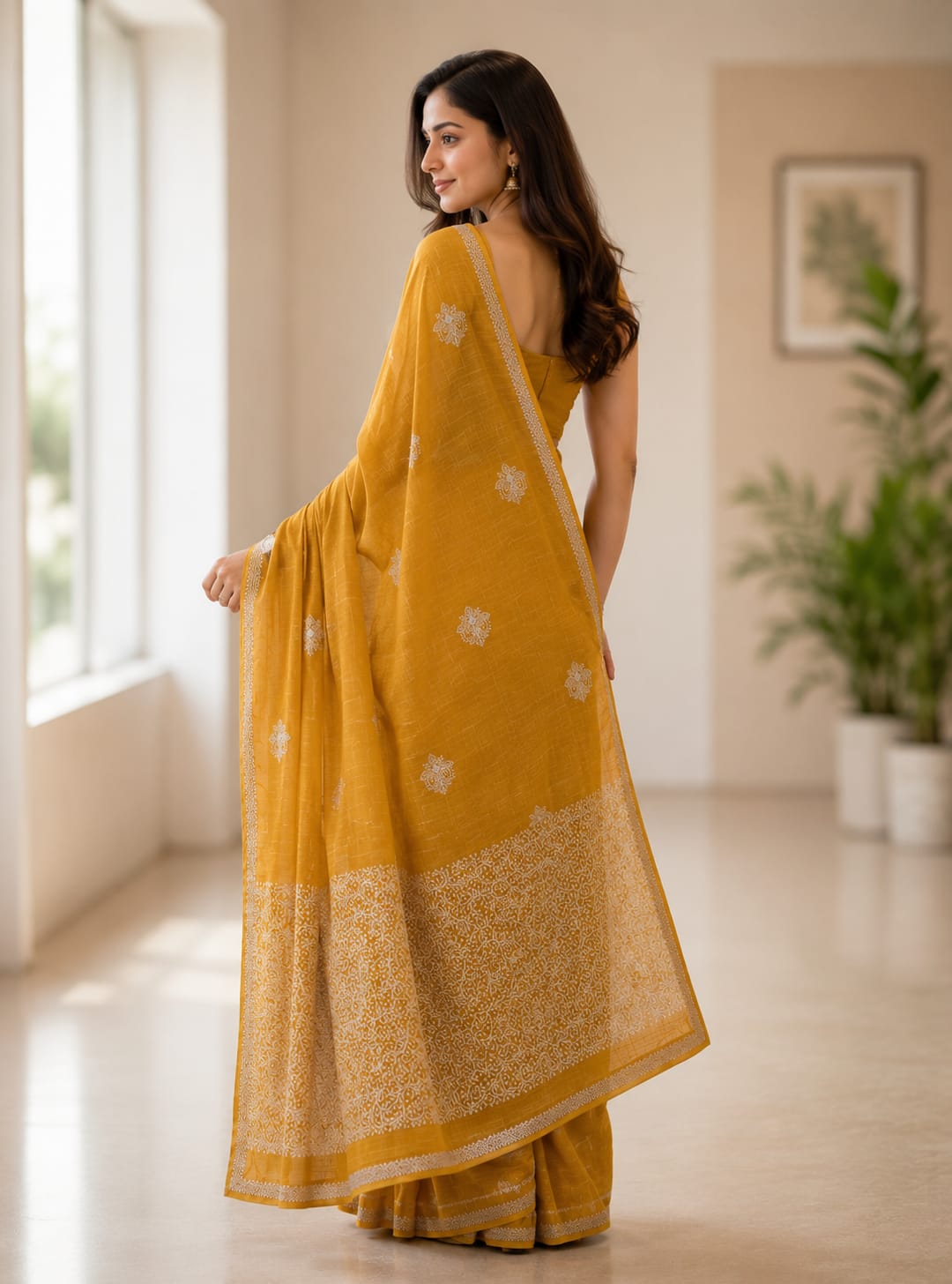Mustard Yellow Cotton check thread work