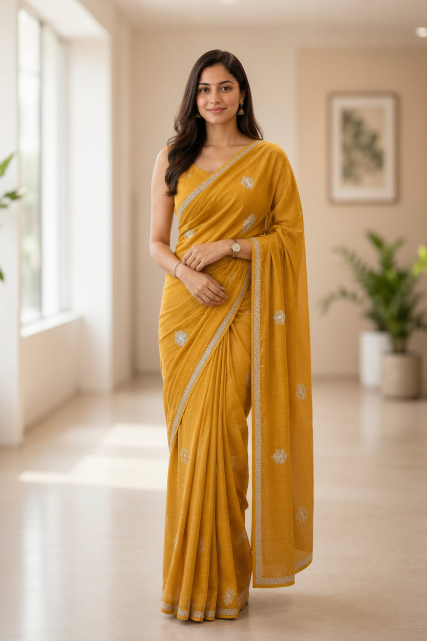 Mustard Yellow Cotton check thread work