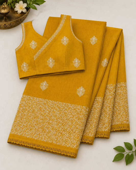 Mustard Yellow Cotton check thread work
