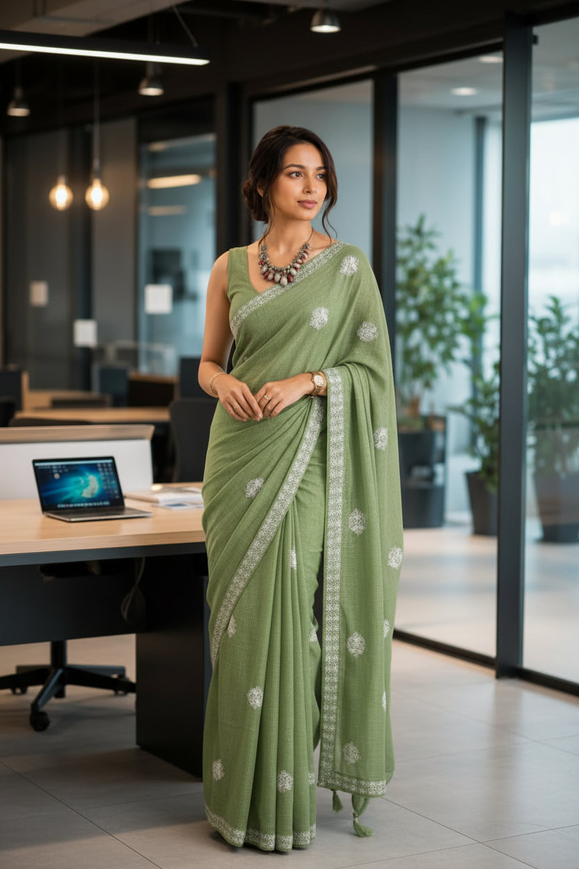 Sage Green Cotton kota check thread work light weight saree
