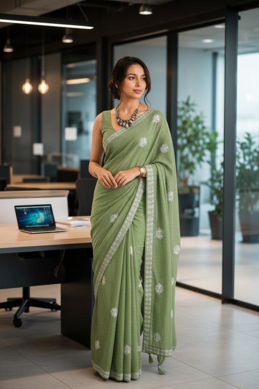 Sage Green Cotton kota check thread work light weight saree