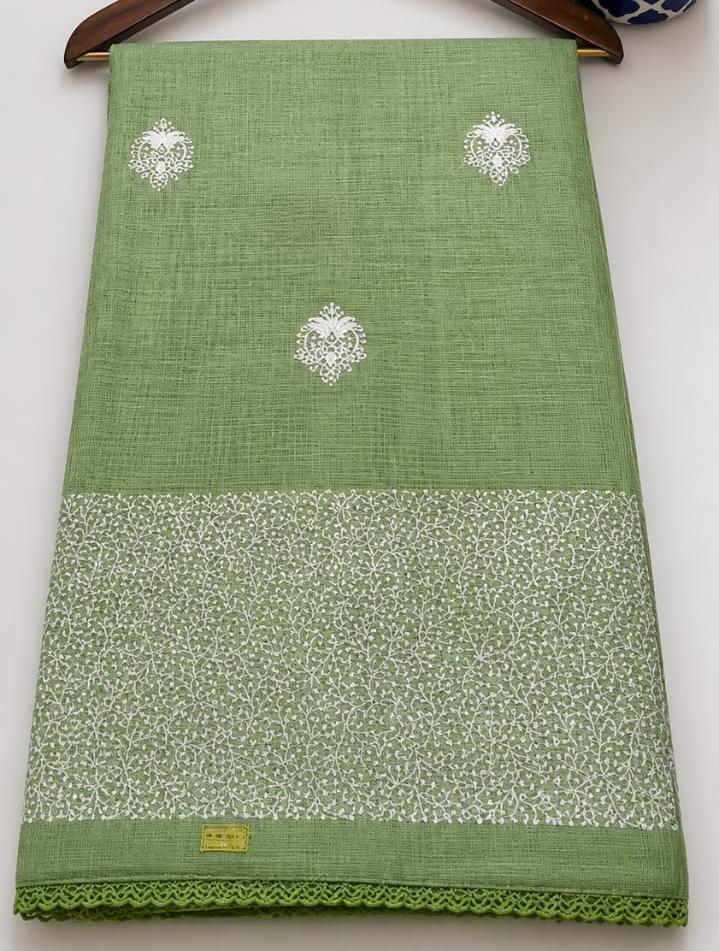 Sage Green Cotton kota check thread work light weight saree