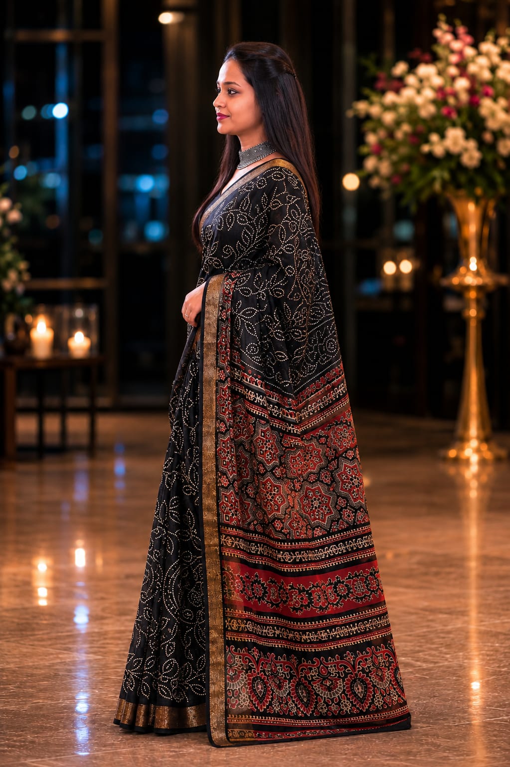 Midnight Heritage Handcrafted Bandhani print cotton Saree