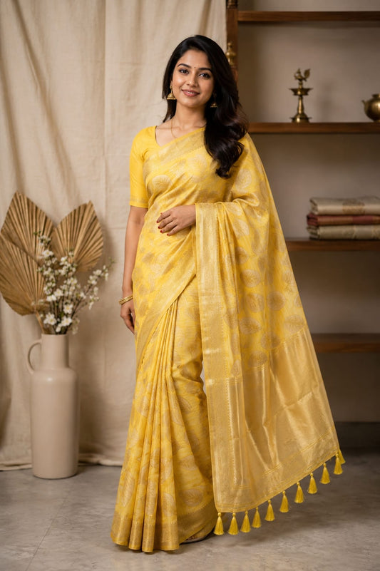 Bright Yellow Zari Cotton Saree