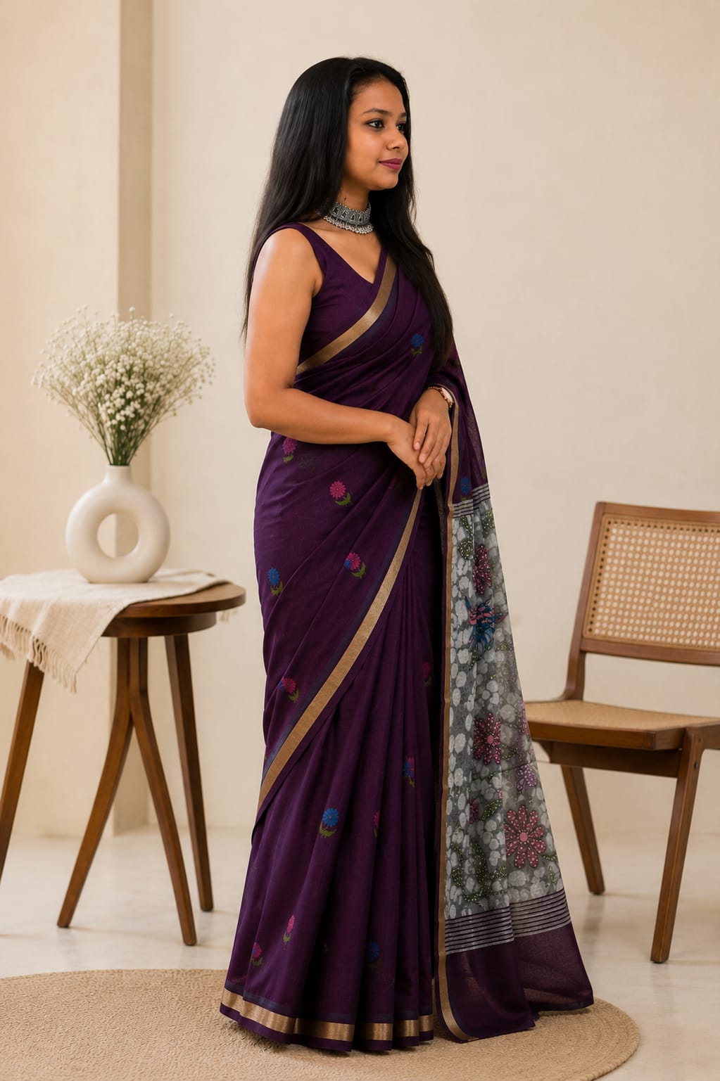 Jamuni cotton floral thread work with gold zari border
