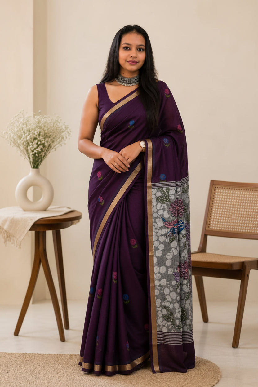Jamuni cotton floral thread work with gold zari border