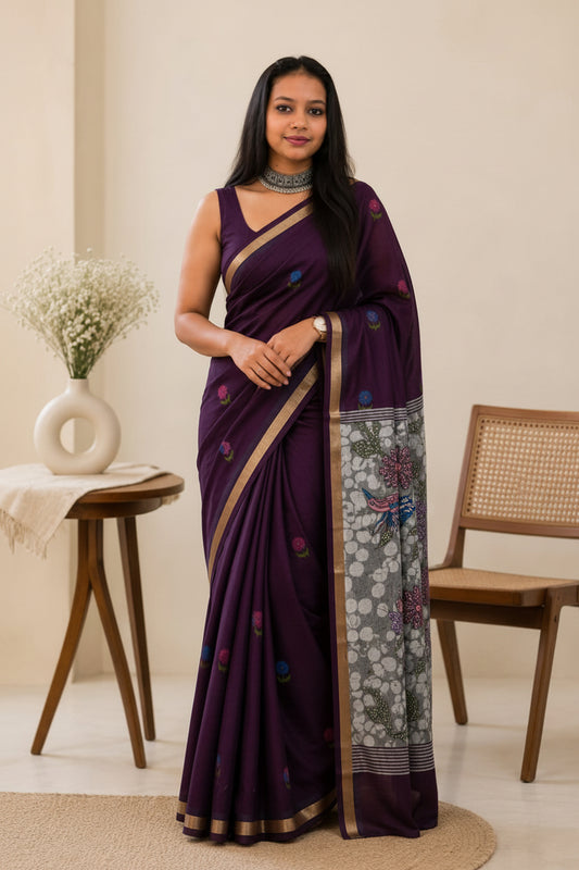 Jamuni cotton floral thread work with gold zari border
