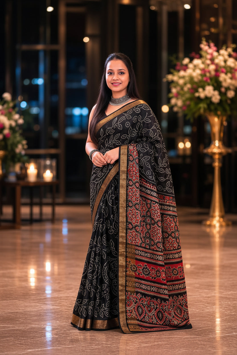 Midnight Heritage Handcrafted Bandhani print cotton Saree