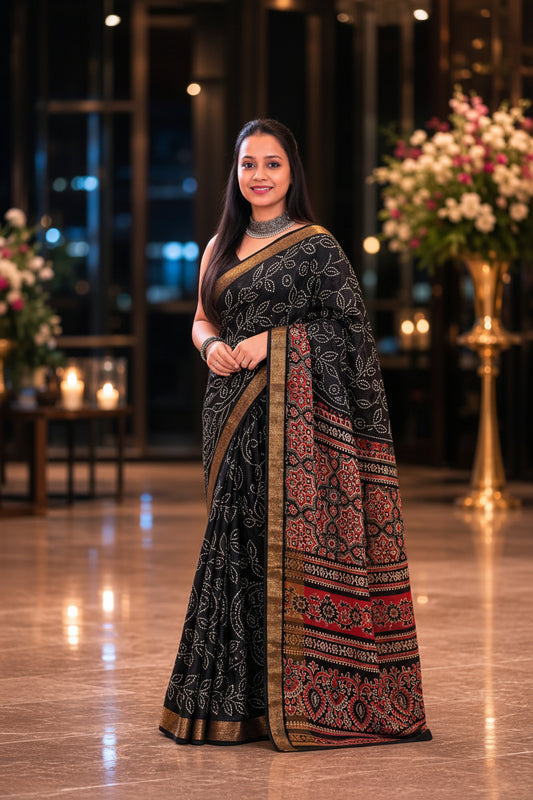 Midnight Heritage Handcrafted Bandhani print cotton Saree