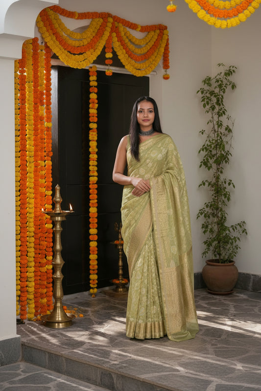 Pista Vriksha Zari Cotton Saree