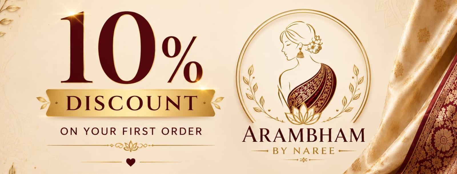 Promotional banner for Arambham by Naree with 10% discount offer on a beige background.