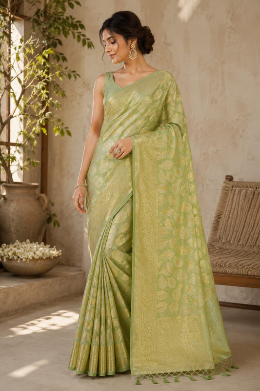 Pista Vriksha Zari Cotton Saree