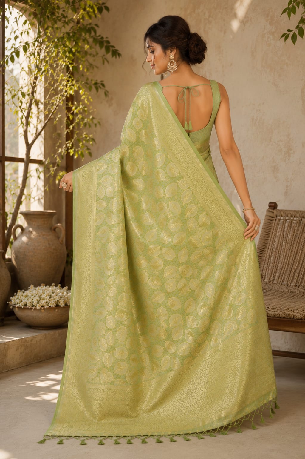 Pista Vriksha Zari Cotton Saree