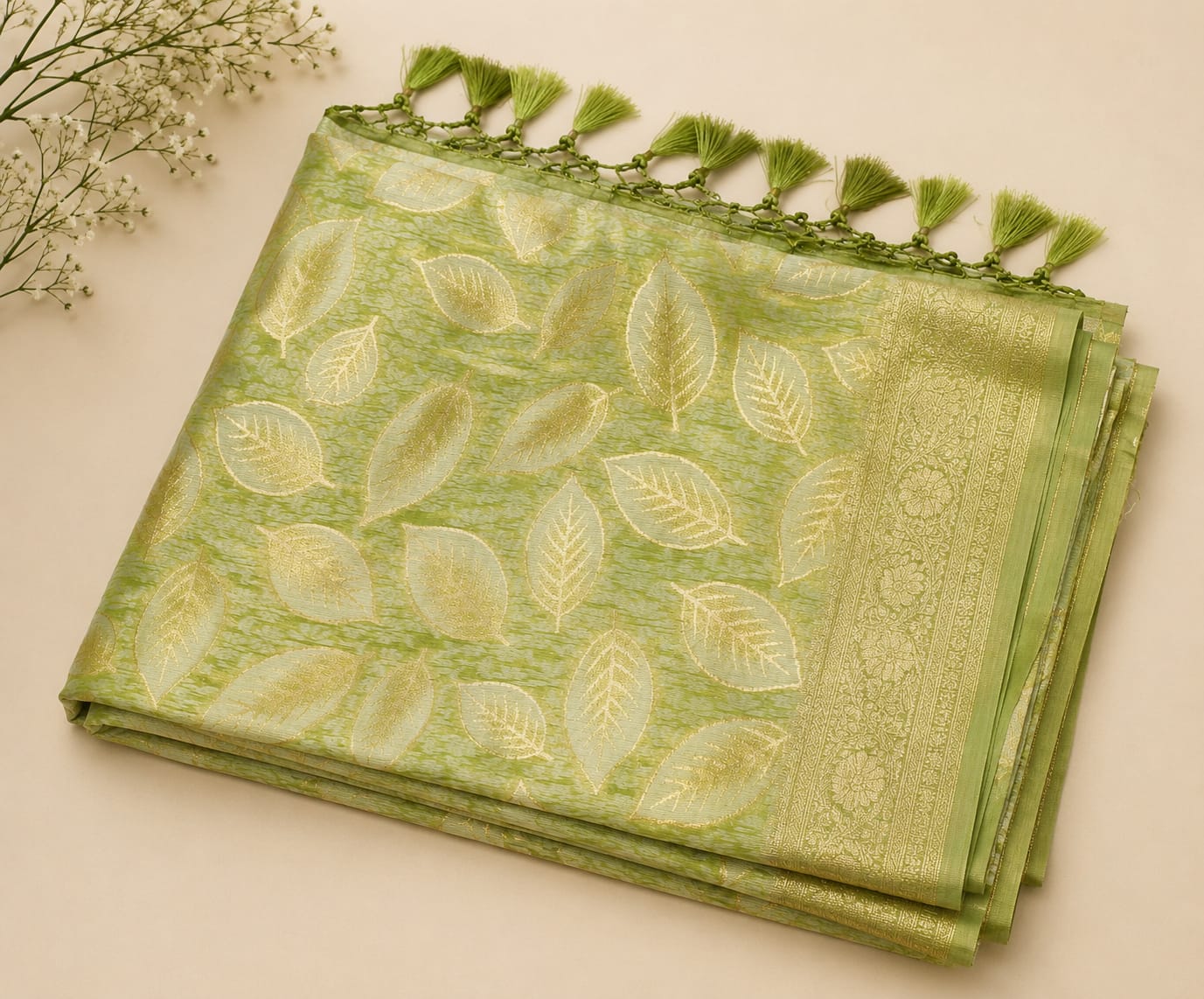 Pista Vriksha Zari Cotton Saree
